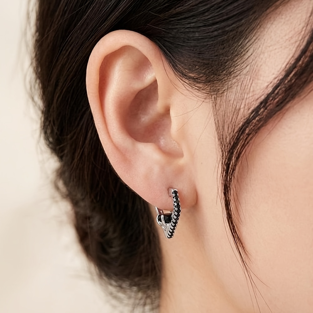 Black Stone Inlaid Copper Geometric Earrings, Minimalist Style